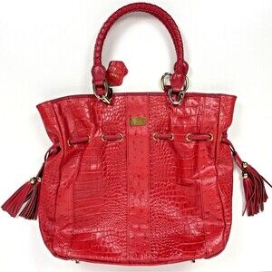 Isabella Adams Leather Crocodile Embossed Handbag Tassels Red 14"x13"